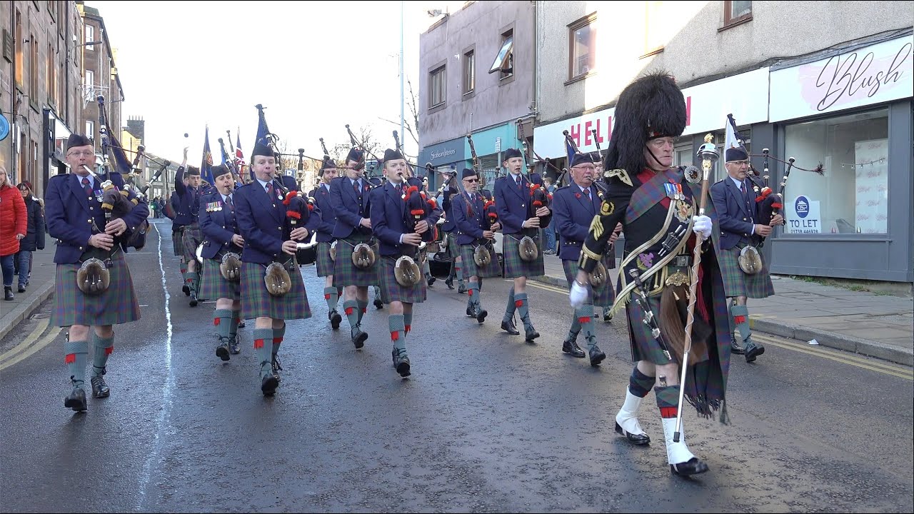 2023 Remembrance Sunday Military Parade led by Perth Pipe Band through the City of Perth, Scotland