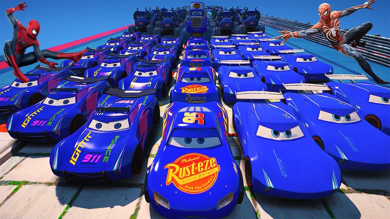 GTA 5 SPIDERMAN Cars Challenge Lightning & Monster McQueen Jackson Storm Miss Fritter & Friends Cars