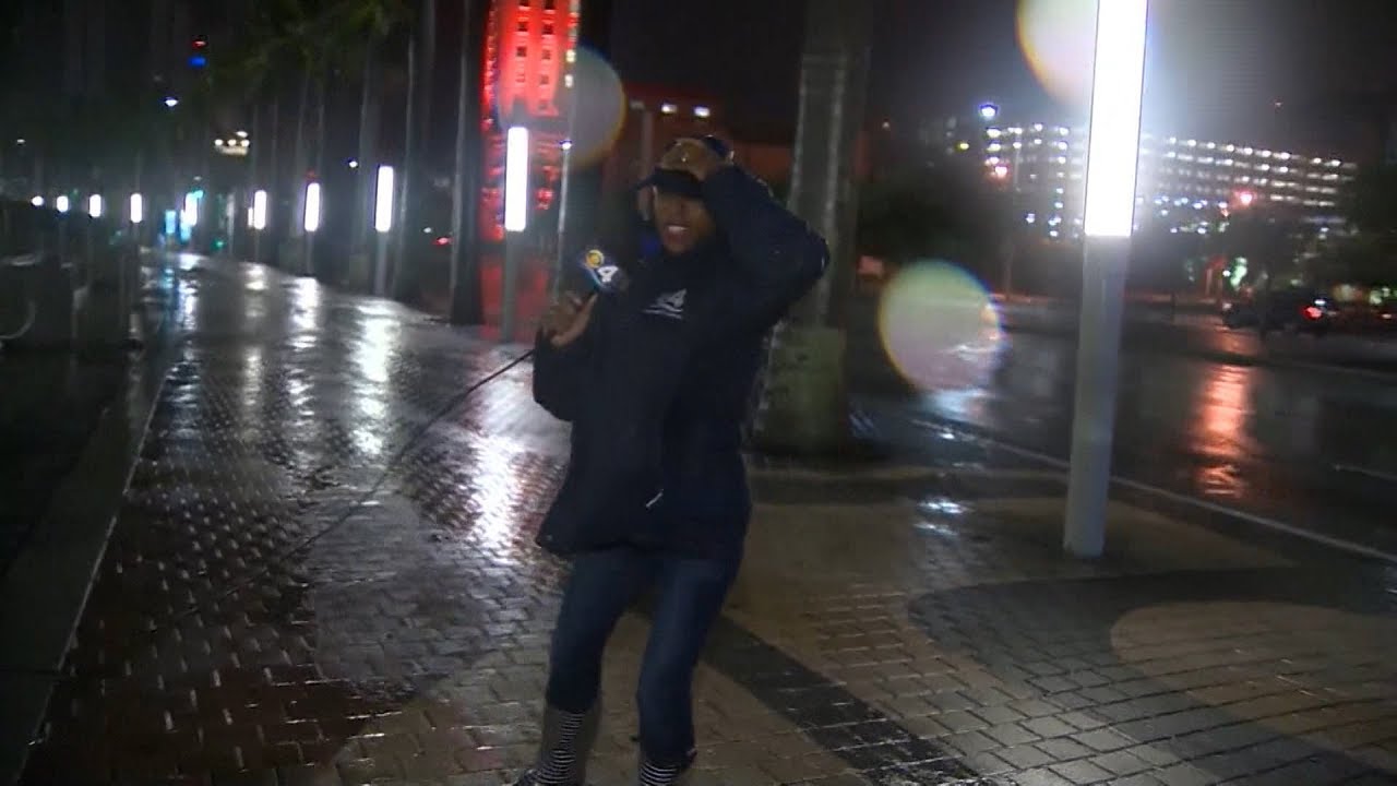 Heavy winds from Hurricane Irma blows reporter away