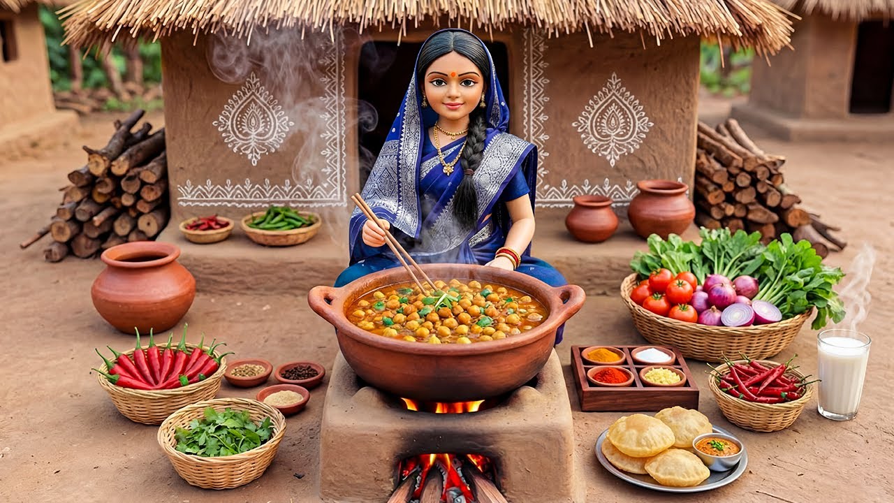 Miniature Doll Puri Chutney & Chana Cooking ASMR 🫓🥣 | Indian Village Tiny Kitchen Story