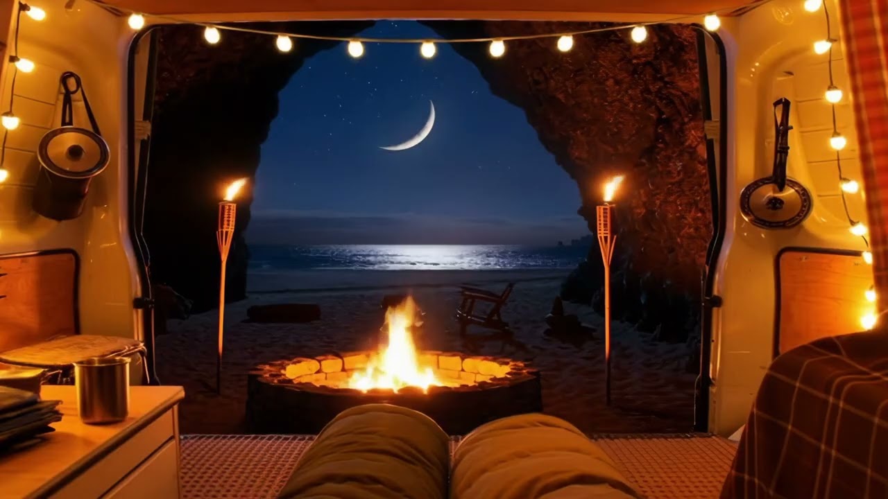 ASMR 🌙 Cozy Camper Van with Fire Crackling Sounds, Water and Cave Sounds for Relaxing Study & Sleep