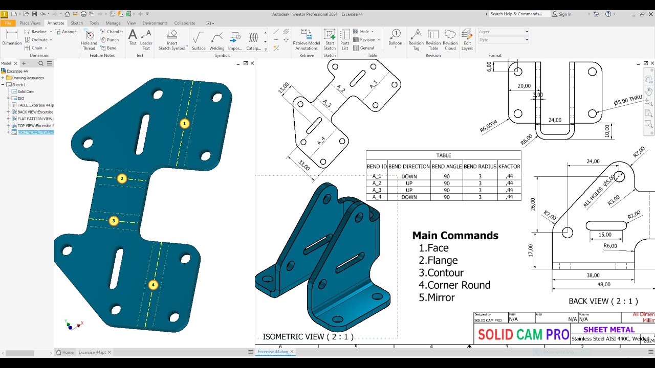 Autodesk inventor 2024 Exercise 44 Create Sheet Metal + Drawing