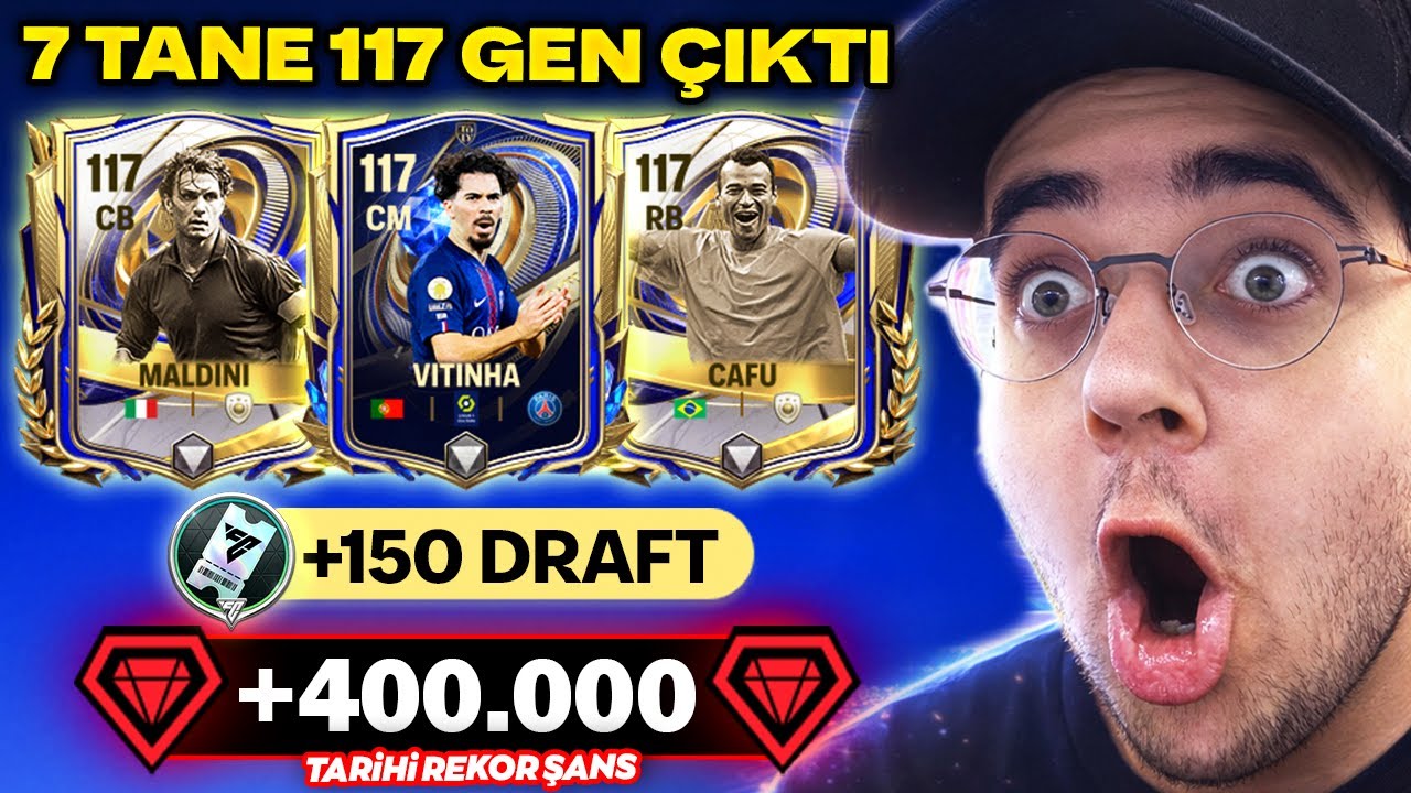 REKOR ŞANS 🔥 7 TANE 117 GEN TOTY ÇIKTI 😱 +150 DRAFT 400.000 BİN CEVHER TOTY PAKET AÇILIMI FC Mobile