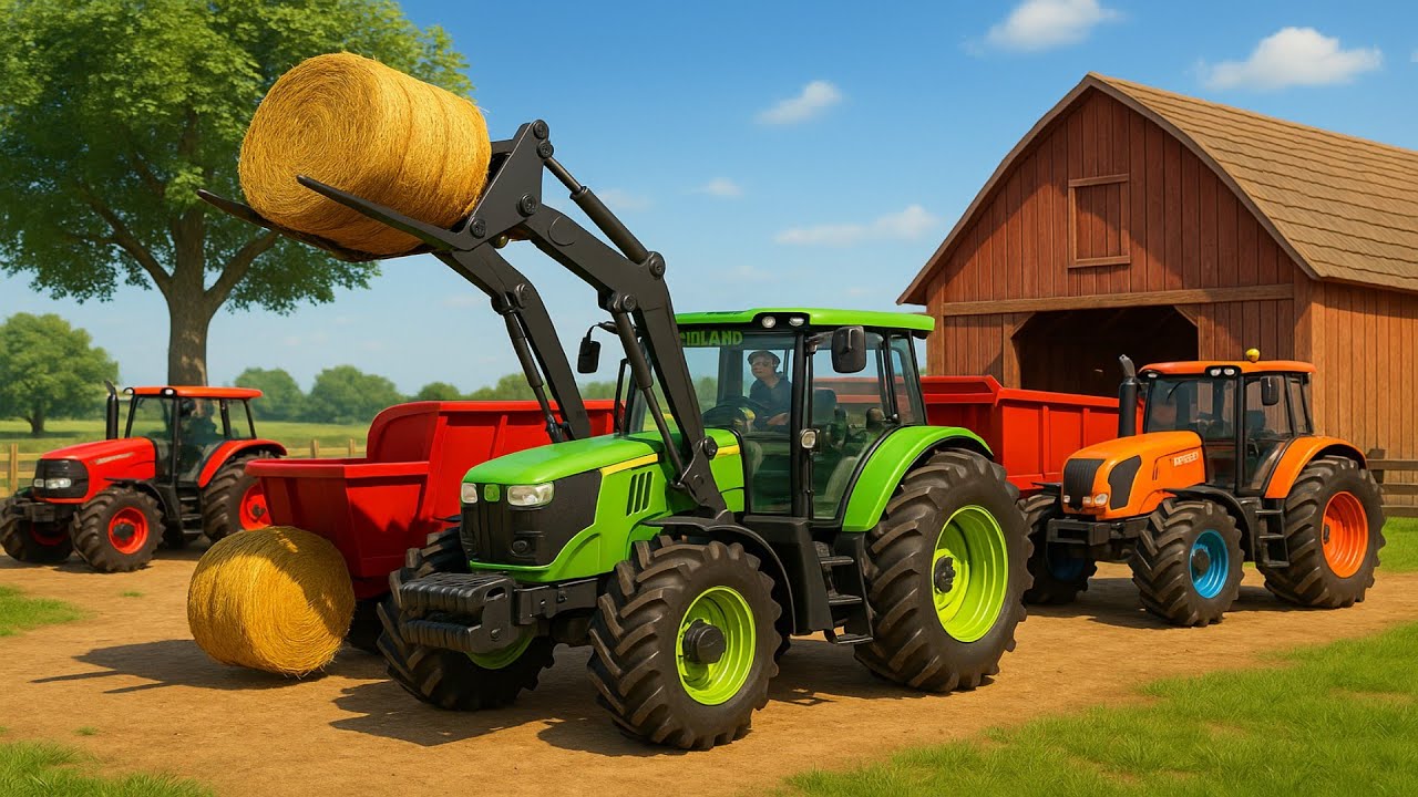 Green Brutal Power Tractor, Compact Tractor & Front Loader at Work - Real Farm Day