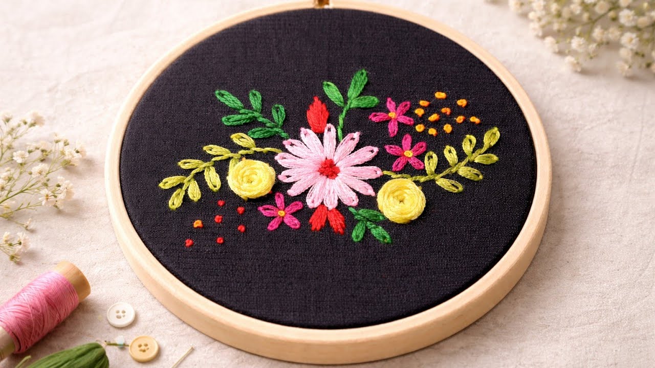 Easy Floral Embroidery Tutorial | Lazydaisy, Woven Rose, Satin & French Knot Stitches