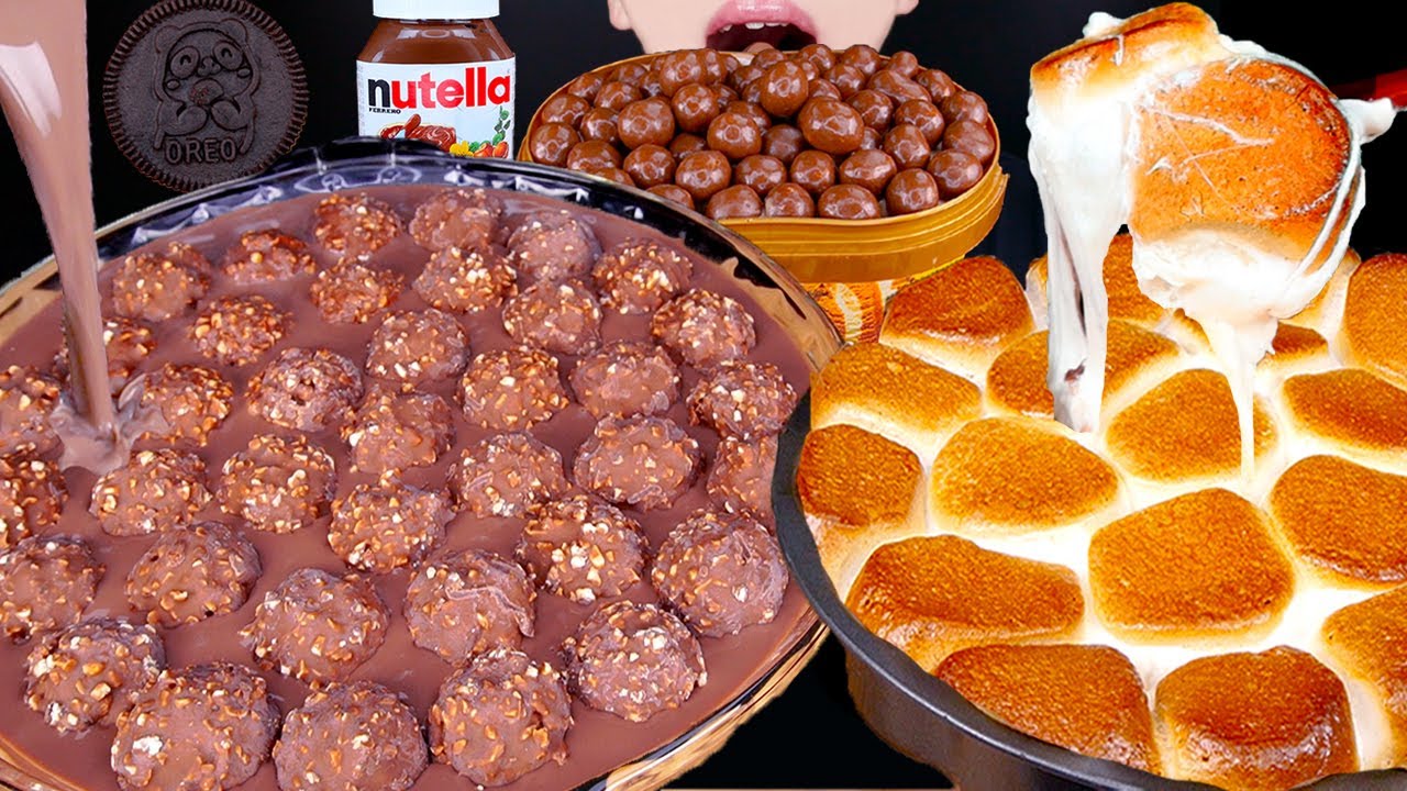 ASMR FERRERO ROCHER S'MORES DIP MALTESERS CHOCOLATE ICE CREAM OREO DESSERT MUKBANG먹방咀嚼音EATING SOUNDS
