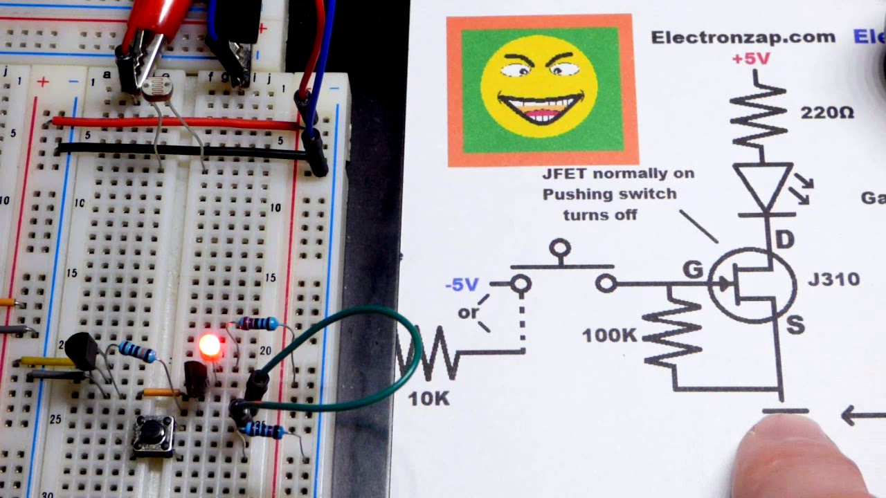 J310 N channel JFET transistor switch demo circuit using TLE2426 virtual ground rail splitter