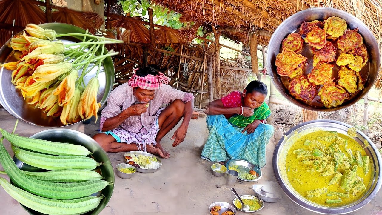 farm fresh vegetable curry & pumpking flower fry cooking by our santali tribe grandma||rural village