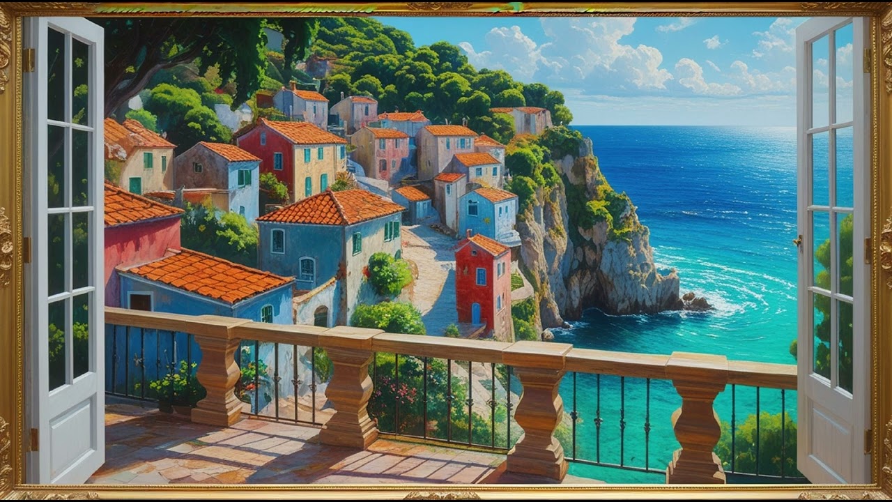 Vintage Landscape Mediterranean Coastal Bliss Tv Art Screensaver Gold Framed Oil Painting Seascape