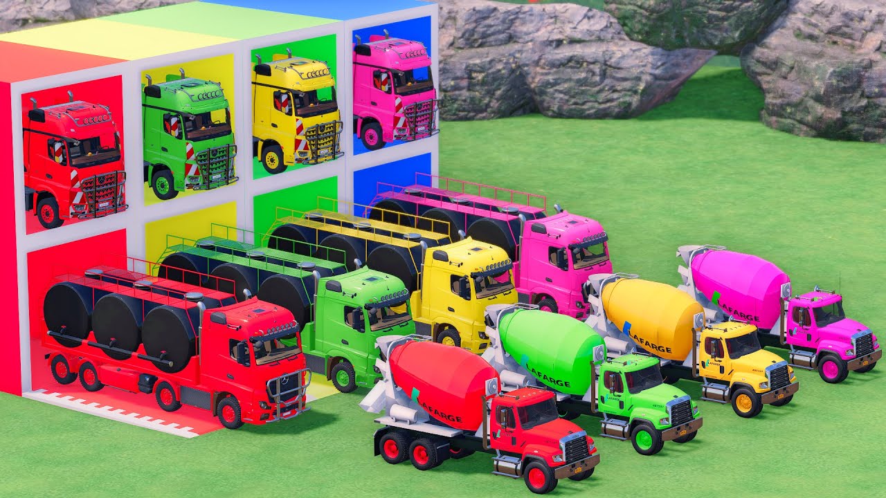 Trucks With COLORS - VOLVO MIXER TRUCK and MERCEDES TANKER TRUCK with FLATBED TRAILER TRUCK - FS22
