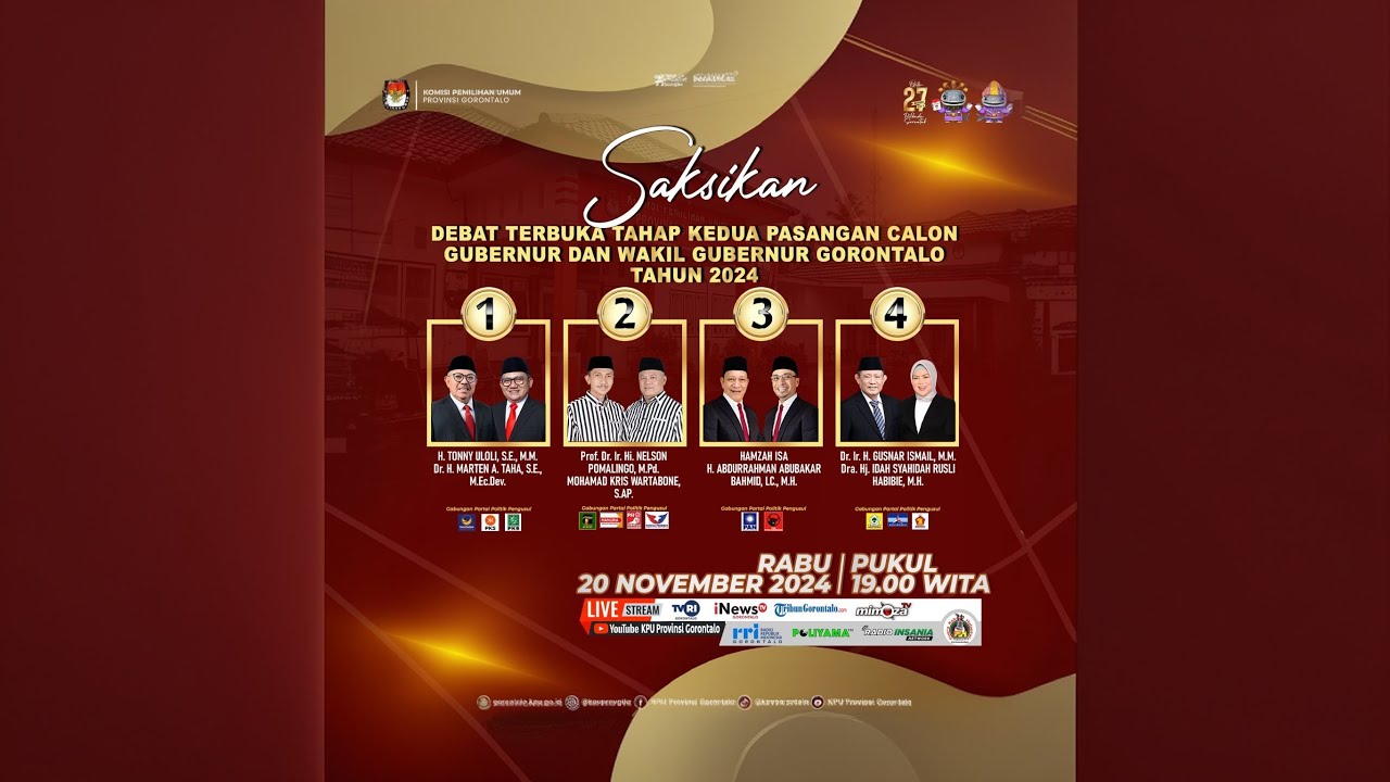 🔴Live Streaming - Debat Terbuka Tahap Kedua Paslon Gubernur dan Wakil Gubernur Gorontalo Tahun 2024
