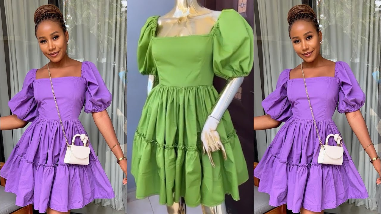 How to cut and sew an off shoulder gathered tiered dress with puffy sleeves