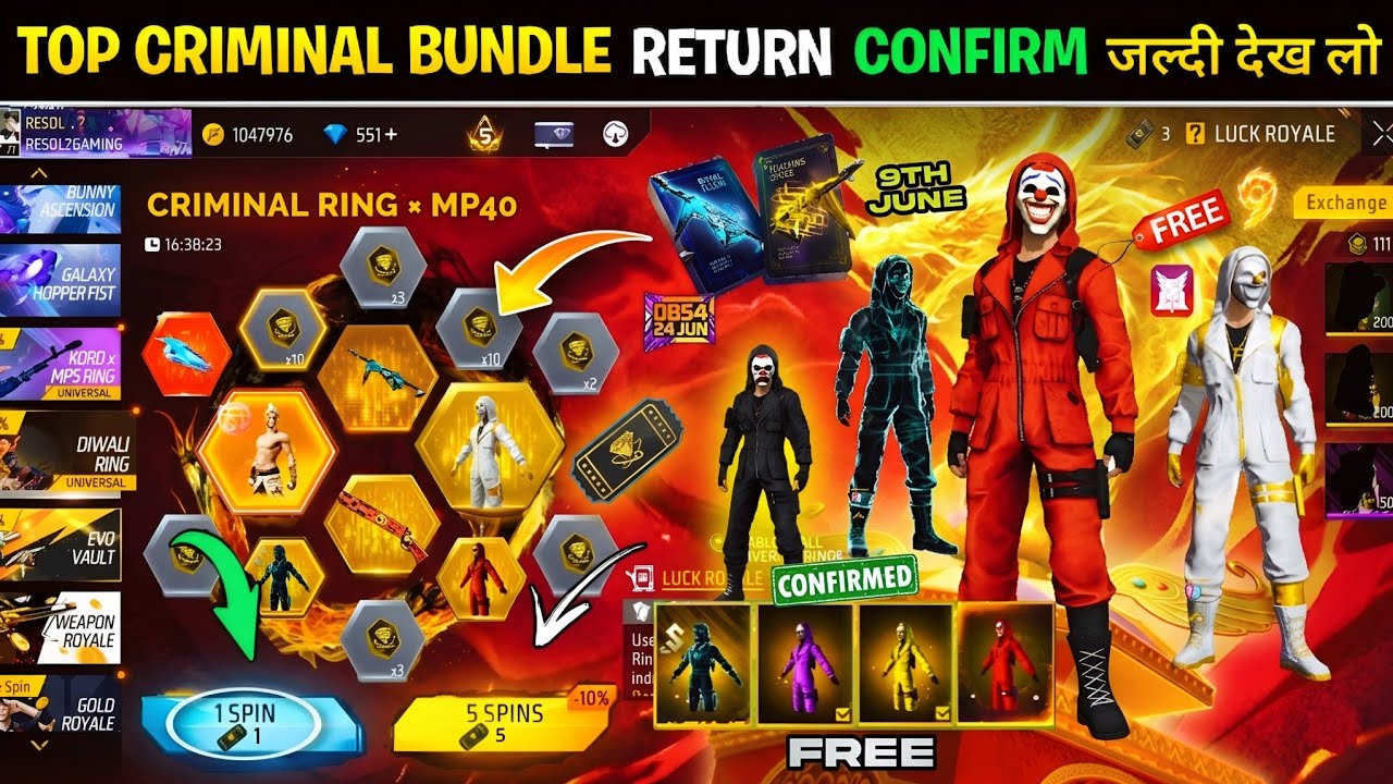 Criminal Bundle Return Event Confirm💥🤯| Next Universal Ring Event MP40 Ob54 l Free Fire New Event