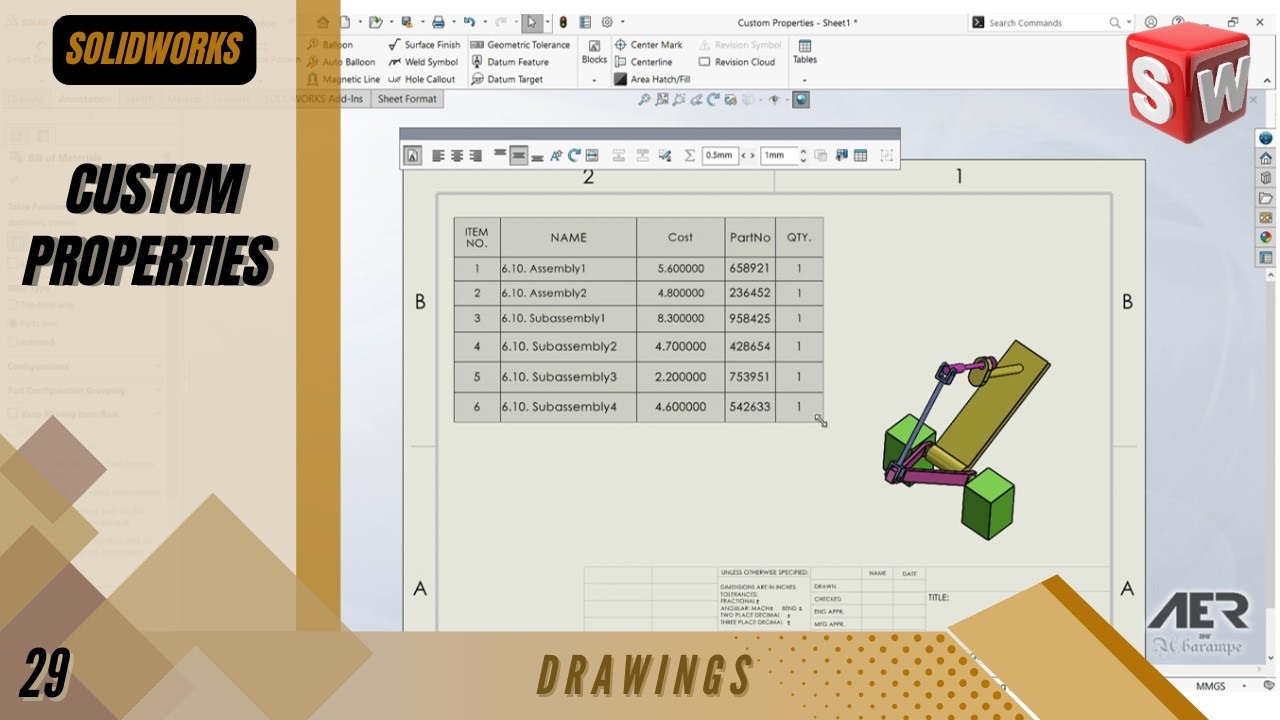 Custom Properties | Drawing | Solidworks Tutorial | Stage #29 Eng - AER Int.
