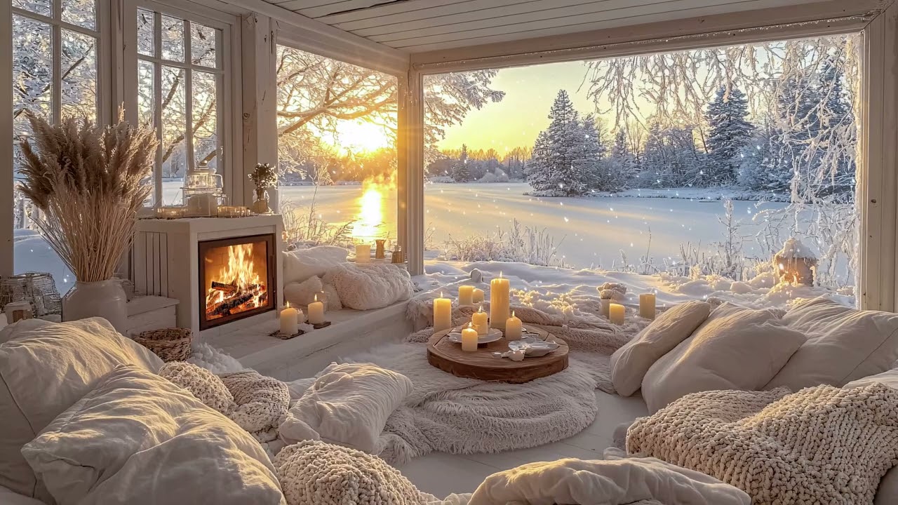 Peaceful Lakeside Winter Cabin ❄️ Soft Piano and Crackling Fireplace Ambience