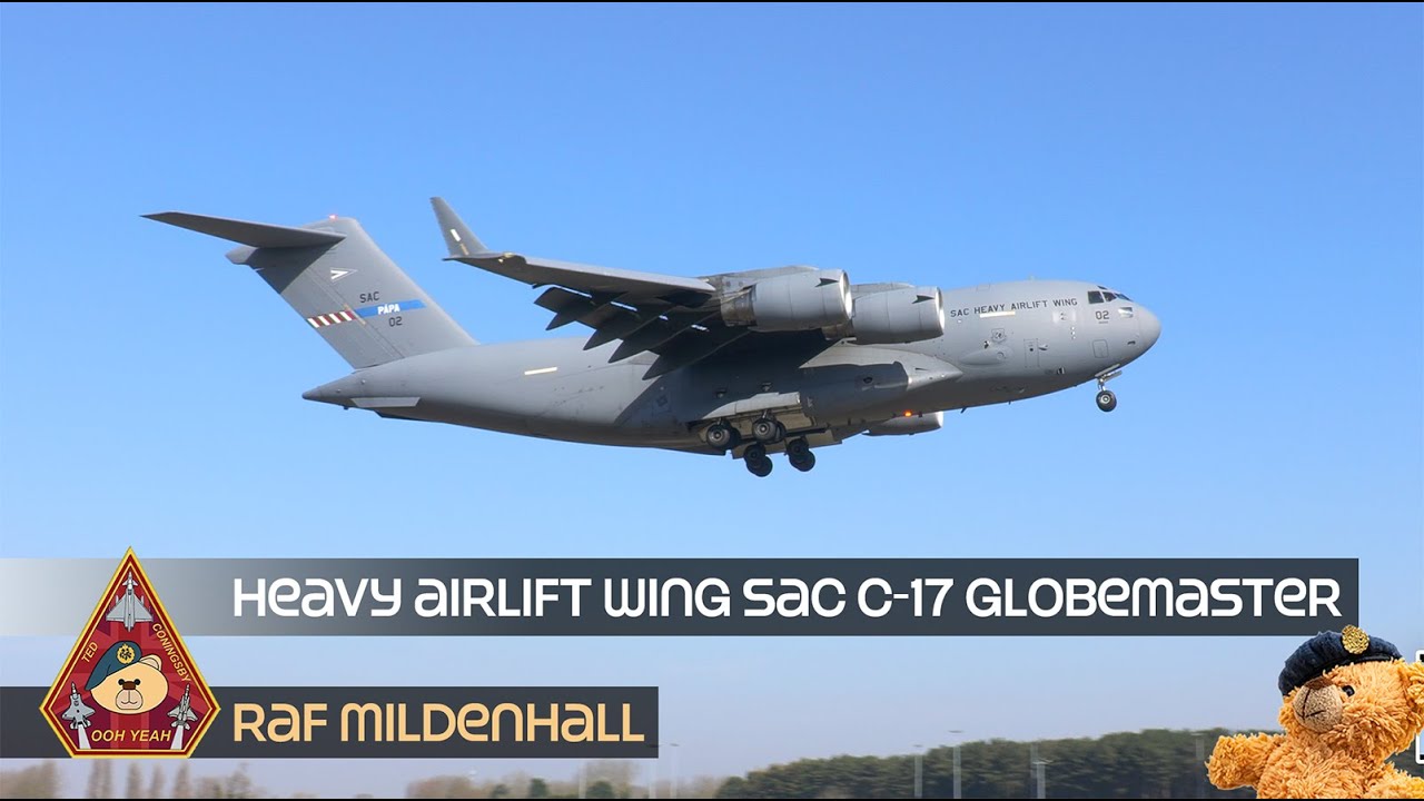 ONE OF THREE HEAVY AIRLIFT WING SAC PAPA AFB C-17 GLOBEMASTER ARRIVES AND DEPARTS RAF MILDENHALL