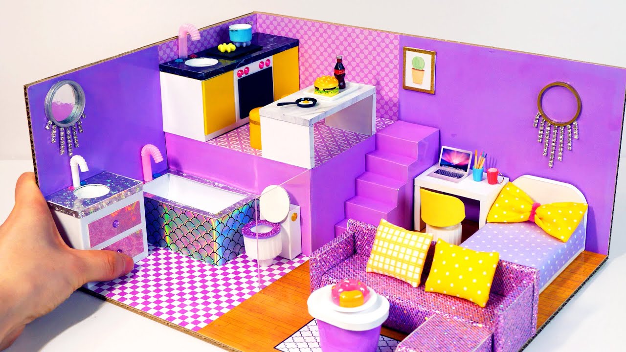DIY Miniature Cardboard House #31   purple bathroom, kitchen, bedroom, living room for a family