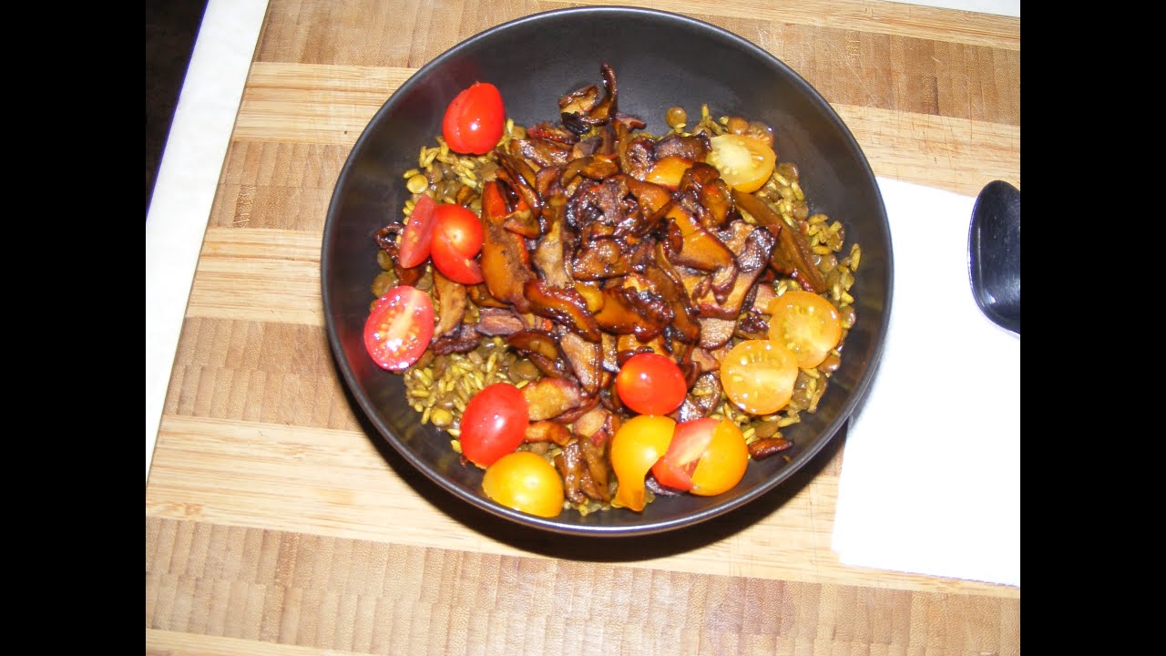 Lentils and rice and wild lobster mushrooms.