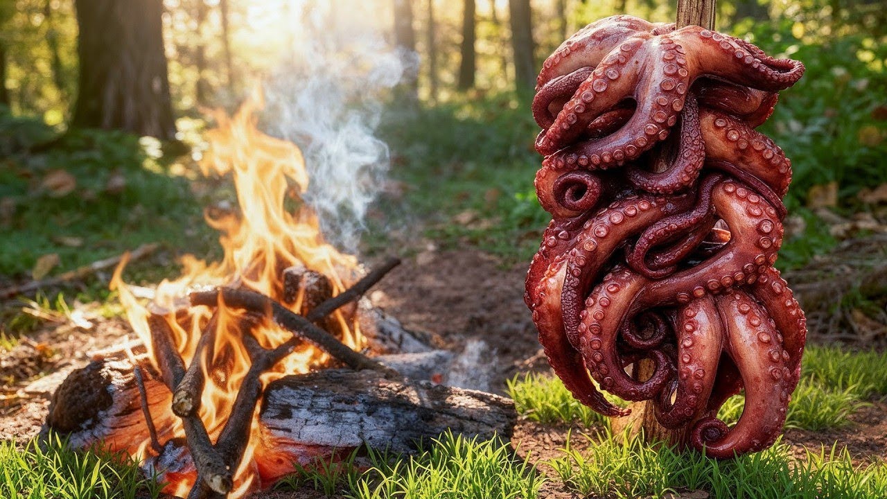 Epic Fire-Roasted Octopus Wilderness Feast – Rustic Bushcraft Seafood Cooking Tutorial 🔥🐙 