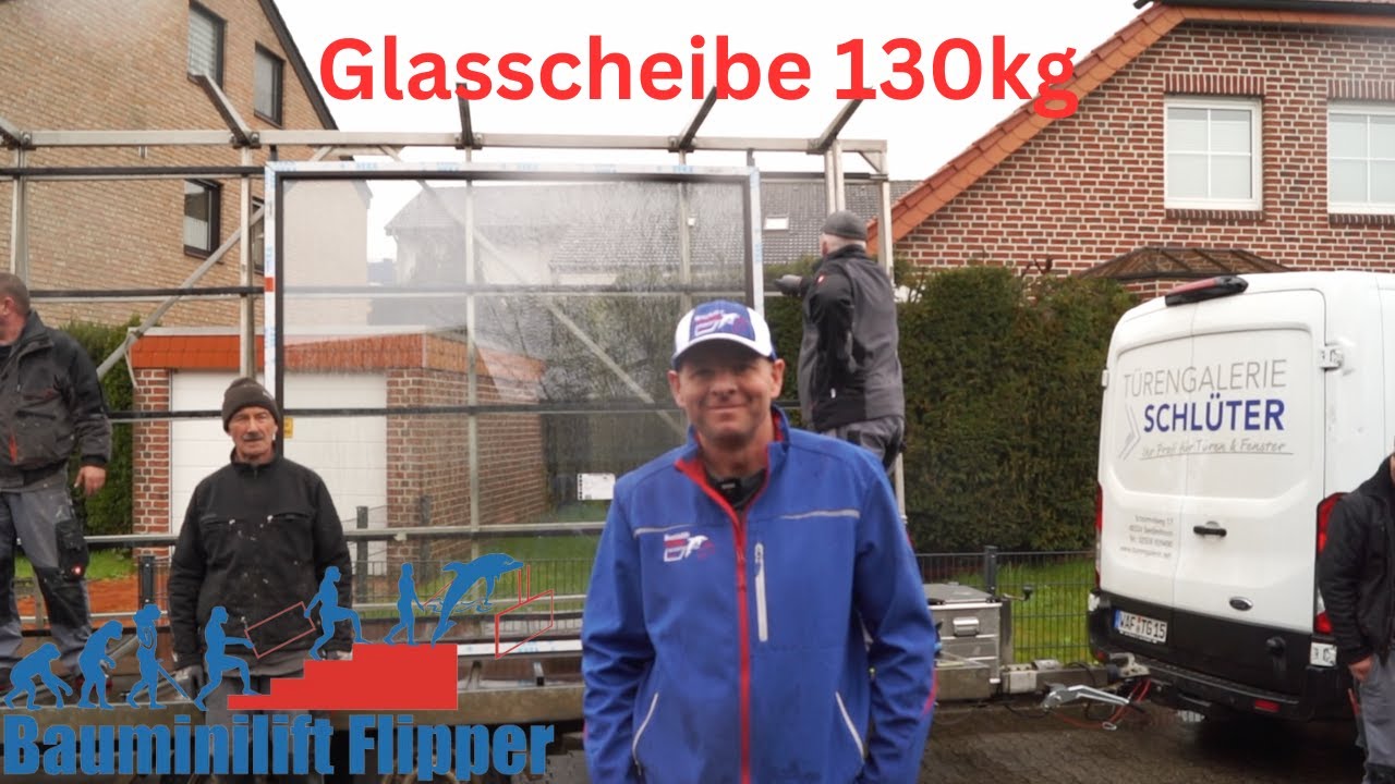 Baulift Flipper Einsatz bei Firma Türengalerie Schlüter - 130kg Glasscheibe