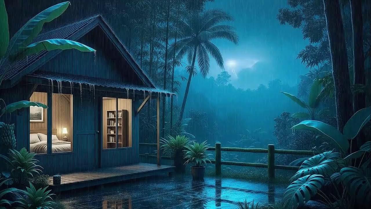 Gentle Rain and Distant Storm Slow Brain for Sleep in a Remote Jungle Cabin 🌧️