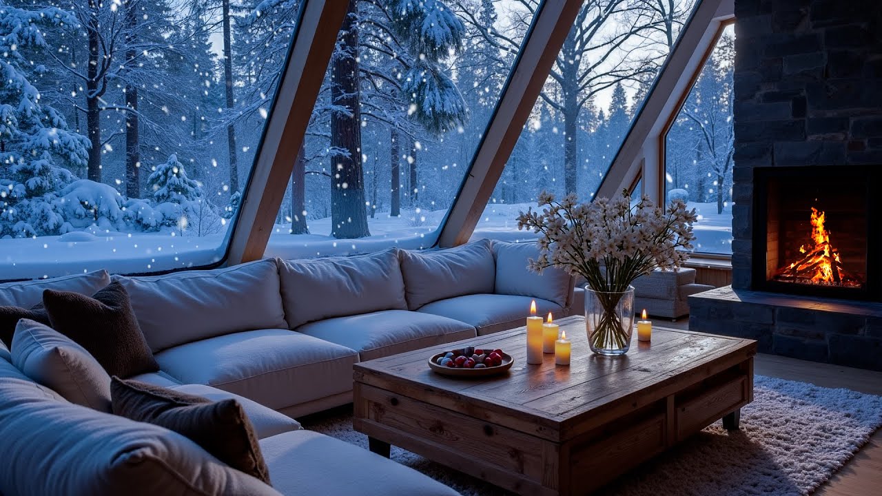 Winter Piano Music in a Quiet White Room  | Snowy Window View & Warm Fireplace for Night Relaxation