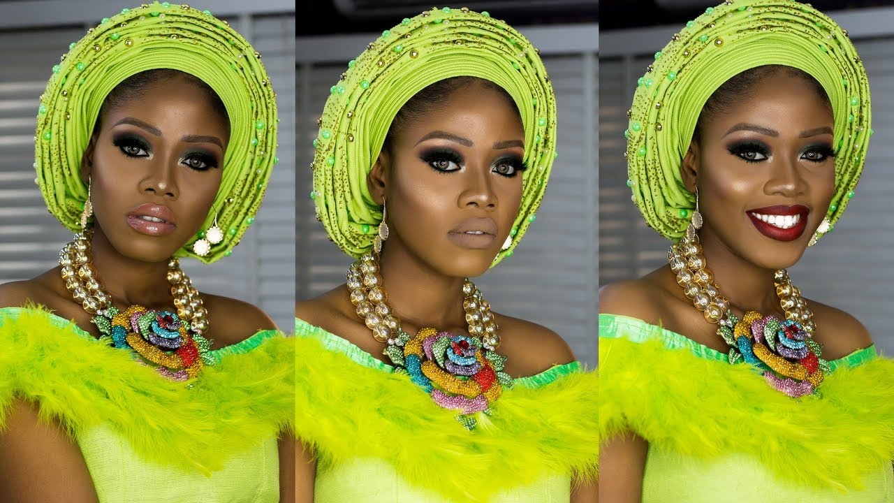 BASIC TO BRIDE 01: Nigerian/Yoruba Bridal Makeup And Gele Tutorial // Green Smokey Eyes
