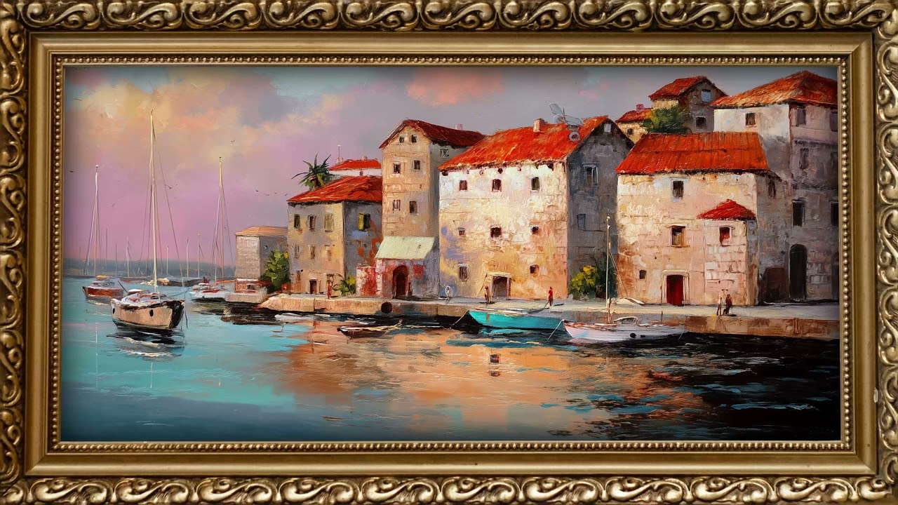 Mediterranean Harbor Village at Sunset | 2 Hour 4K Coastal Art Screensaver