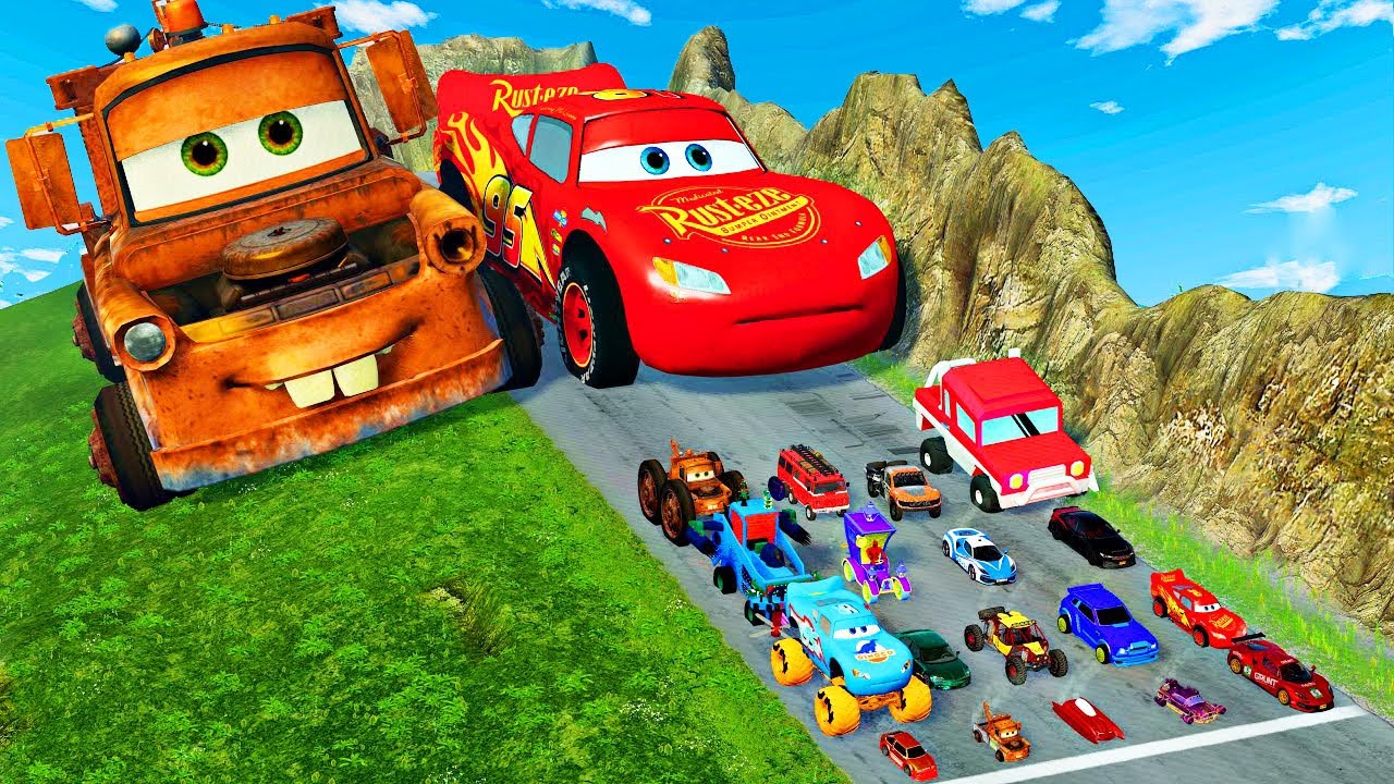 TRANSPORTING PIXAR CARS & FRUITS WITH COLORED & JOHN DEERE vs CLAAS vs TRACTORS - BeamNG.drive #962