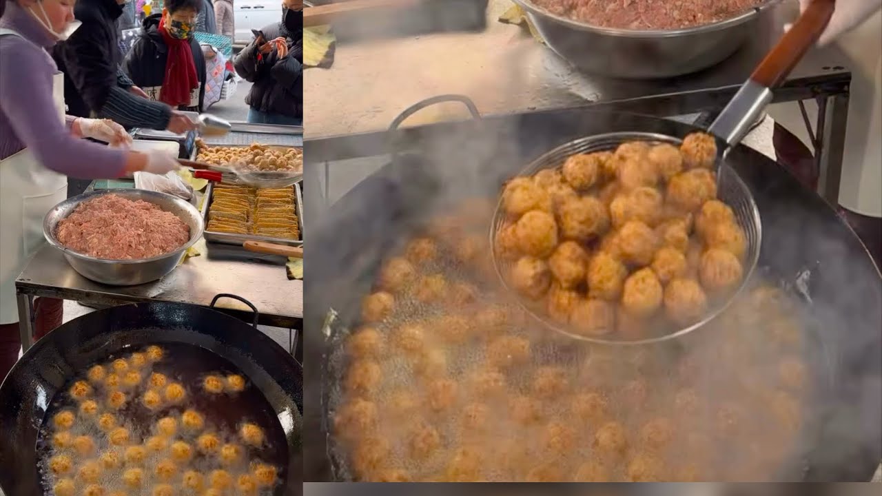 Cooking deep fried meatballs, yummy food.
