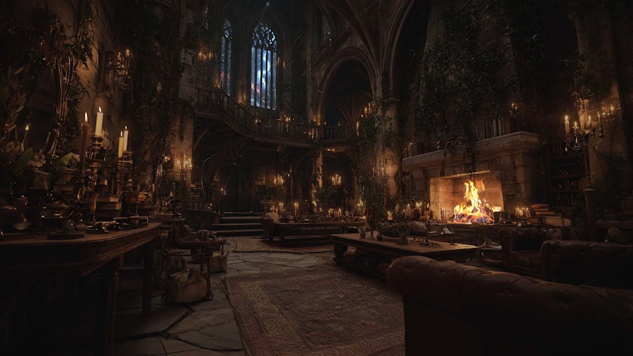 Heavy Rain Sounds with Occasional Thunder – Cozy Victorian Fireplace & Castle Ambience for Sleep