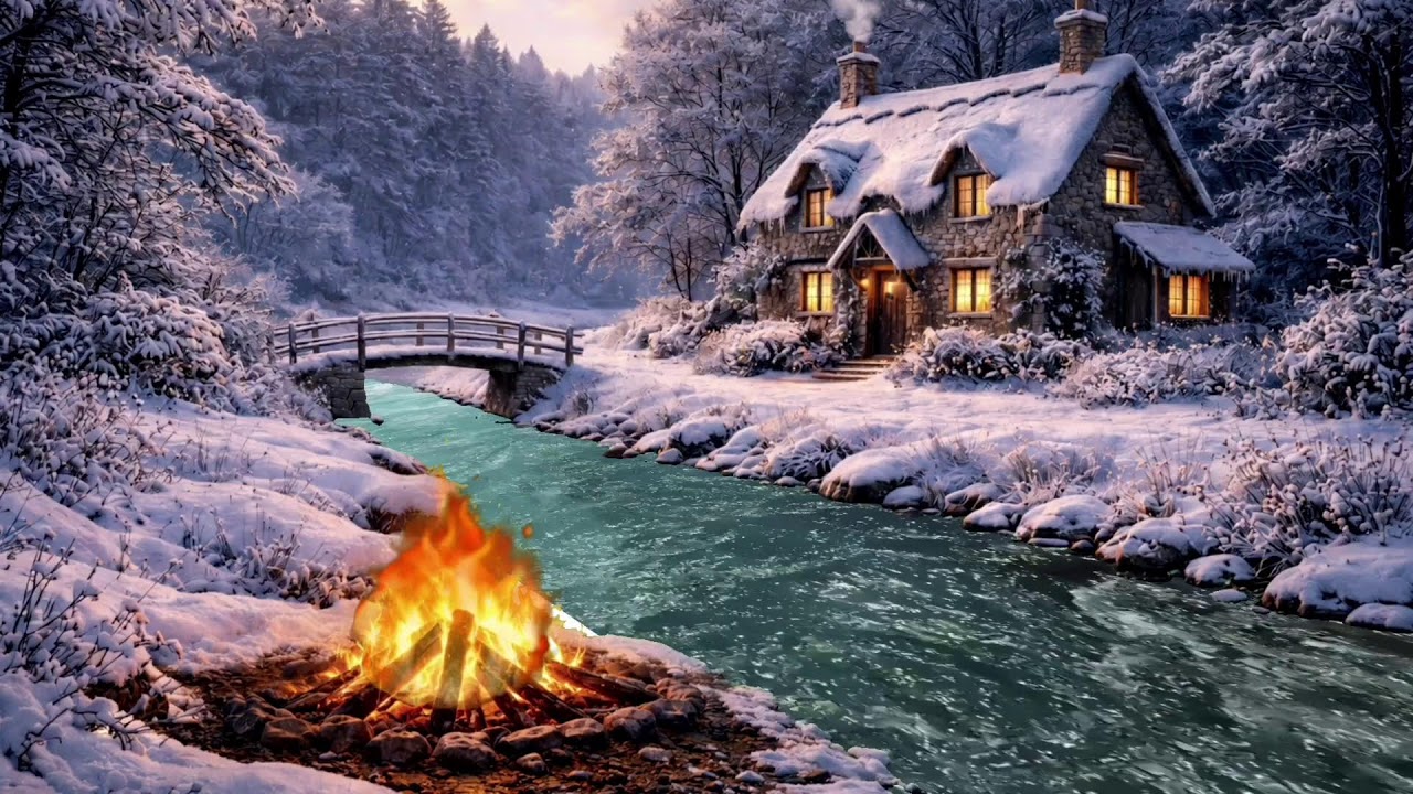Ultimate Cozy Winter Cabin ❄️ | Relaxing Fireplace, Snowing Forest & Flowing River Sounds