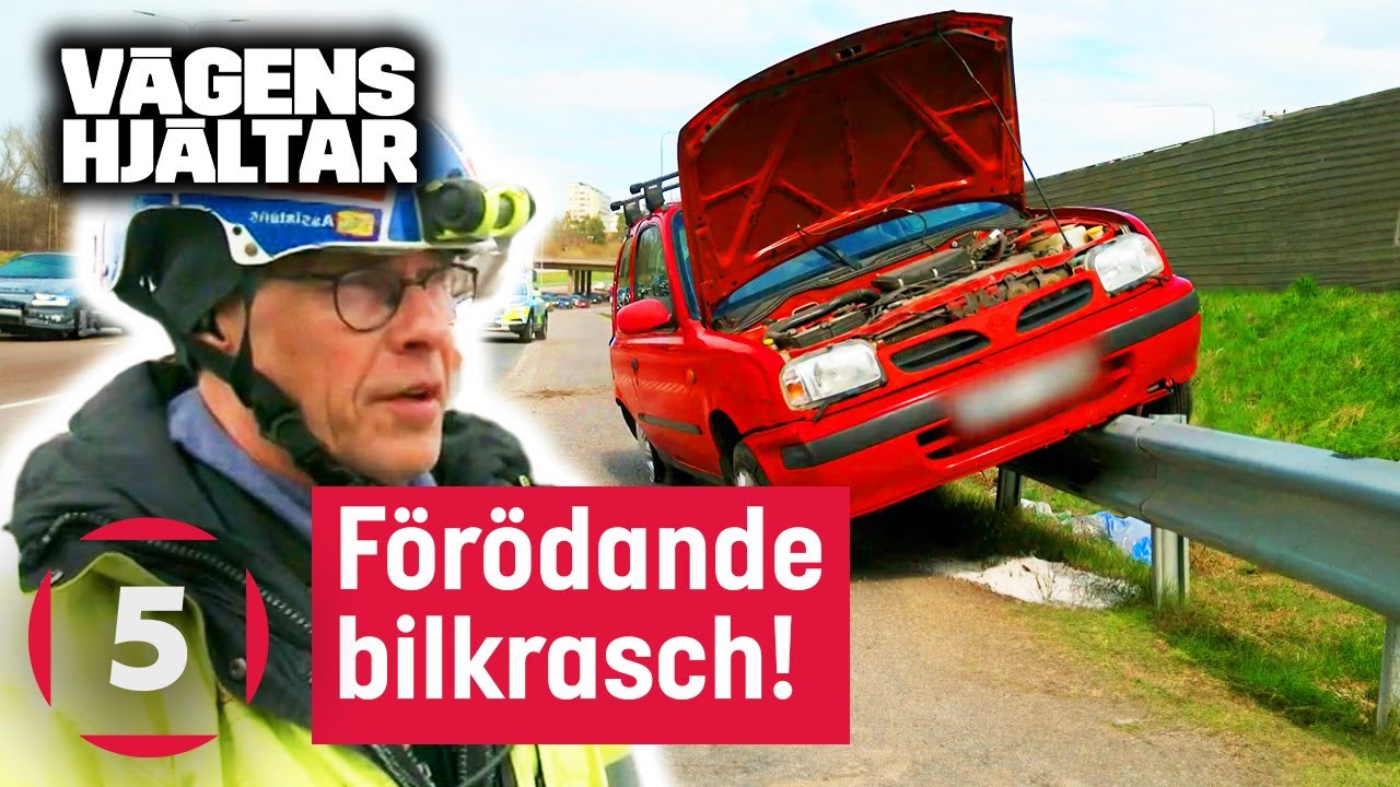 Förödande bilolycka där bil har kraschat utanför motorvägen | Vägens hjältar | Kanal 5 Sverige