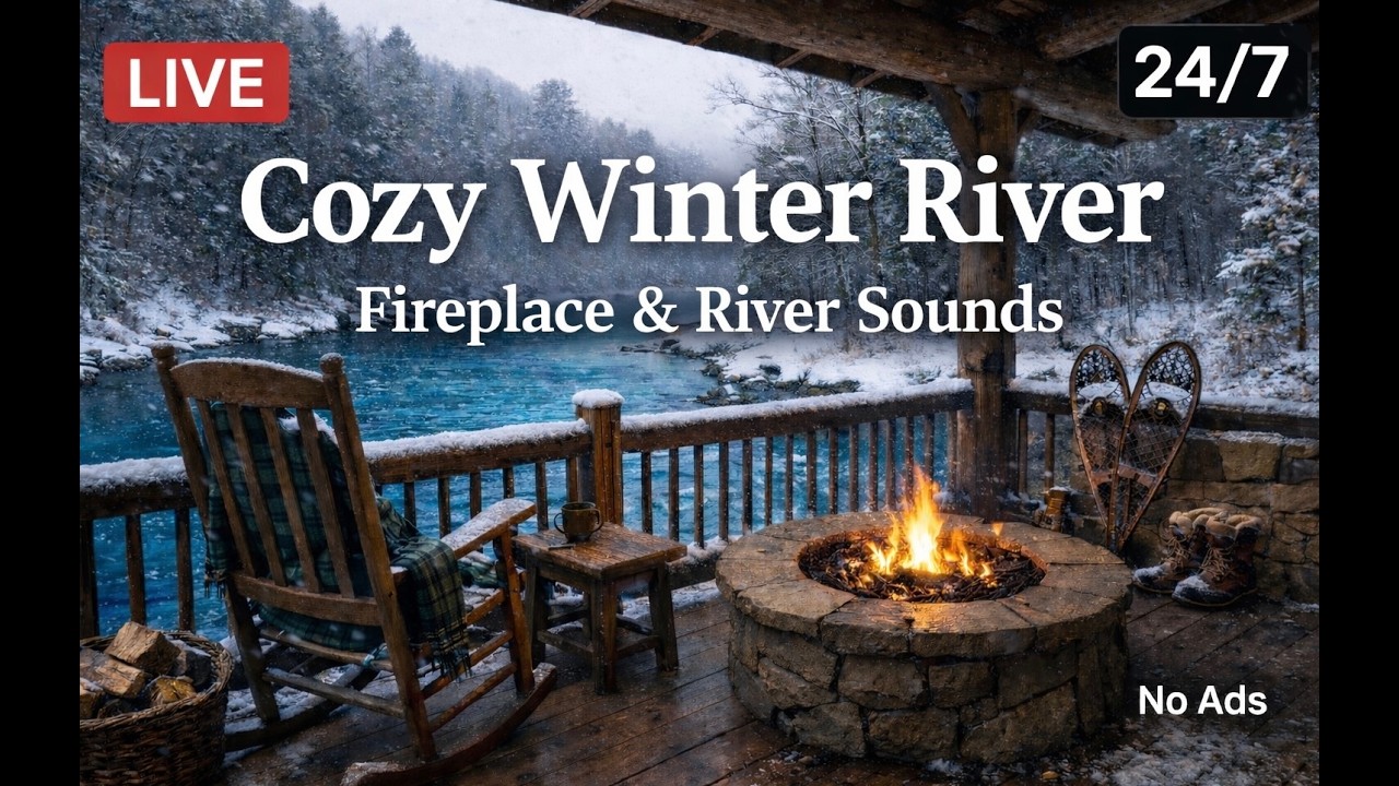 Cozy Winter River Cabin 🔥 | Live Fireplace & River Sounds 24/7 No Ads