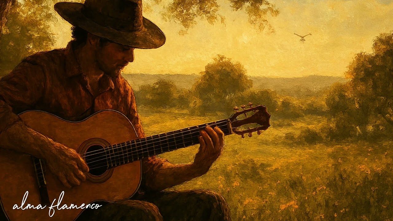 Relaxing flamenco Spanish guitar with nature sounds, calm mood, slow tempo, instrumental, no vocals