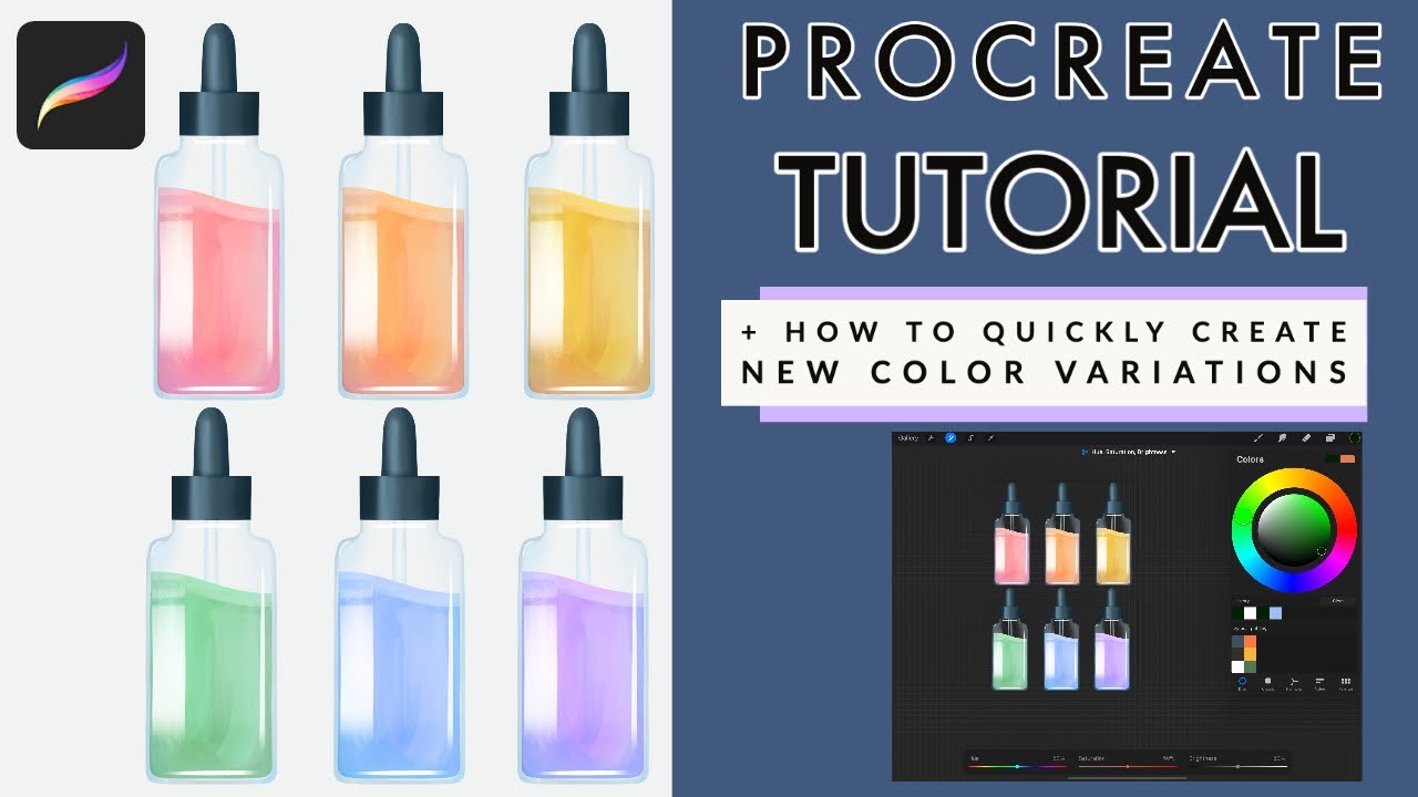 PROCREATE TUTORIAL: How To Draw Glass Dropper Bottles for Beginners + Hue Saturation Brightness Tool
