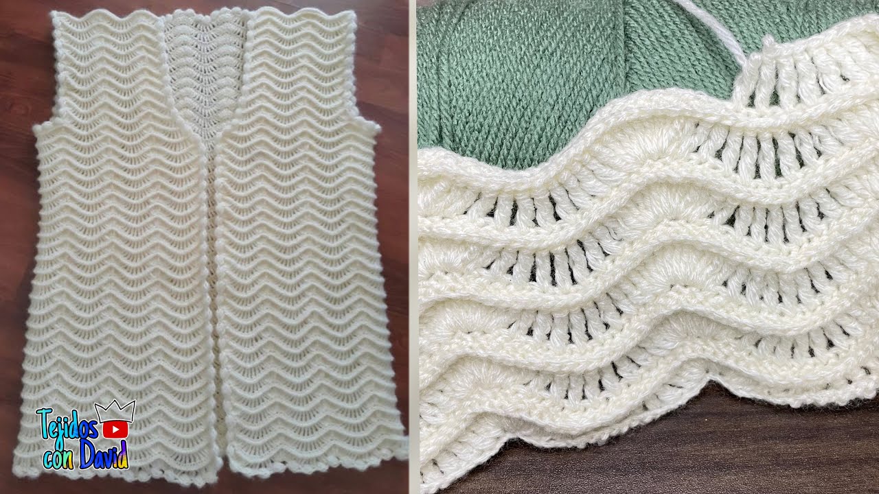Hermosa puntada para chaleco en crochet con motivo de hondas en relieve paso a paso