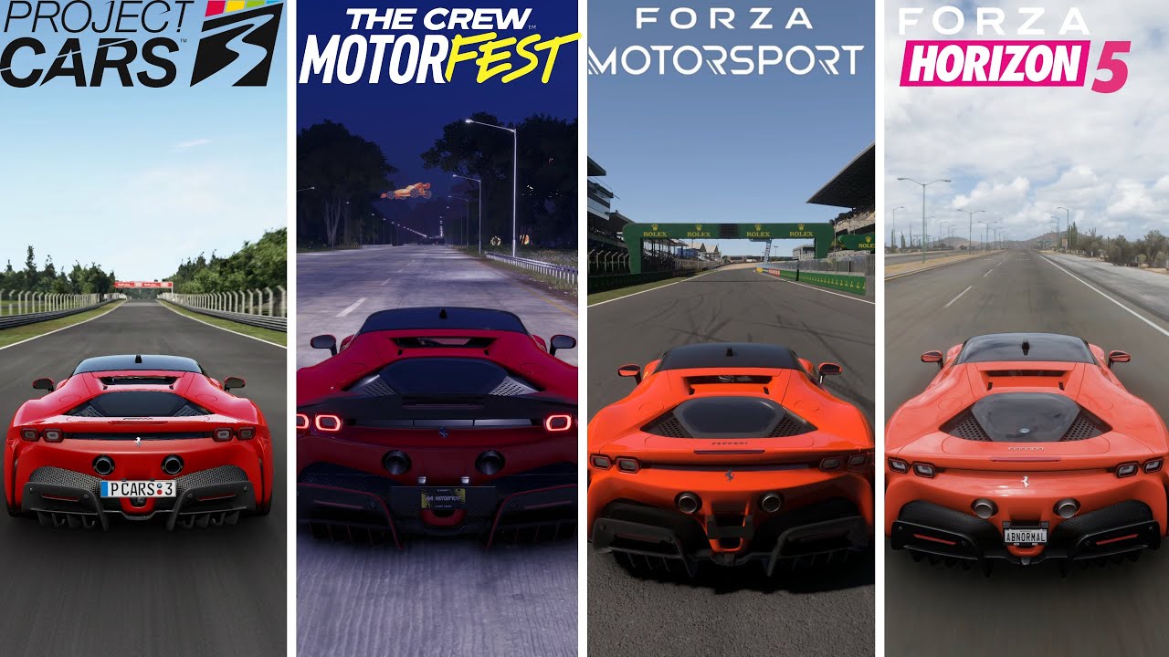 FERRARI SF90 FULL COMPARISON | PC3 VS FM8 VS FH5 VS TCM | ENGINE SOUND + TOP SPEED