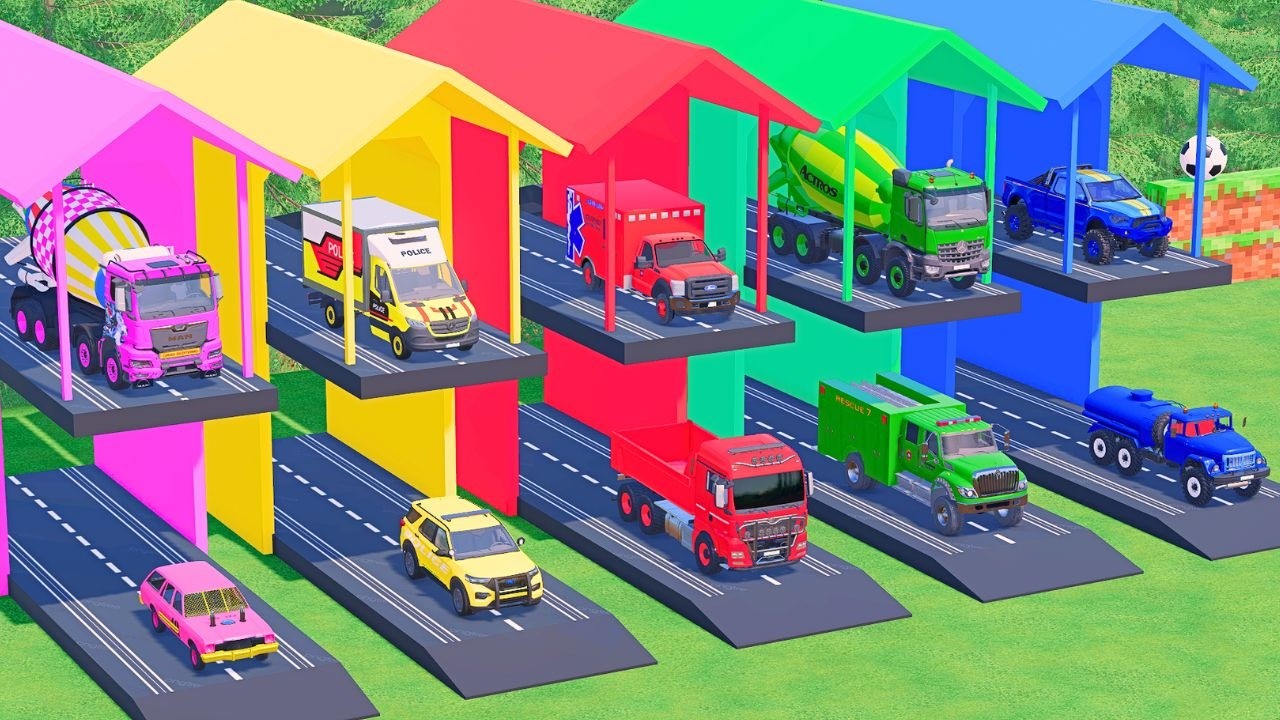 TRANSPORTING POLICE CARS, AMBULANCE, FIRE TRUCK, COLORFUL CARS WITH MIXER TRUCK ! FS22 #45