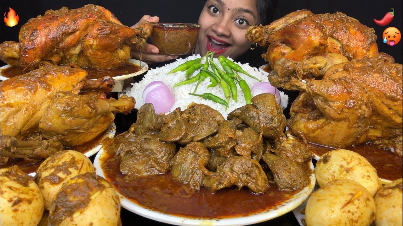 4 BIG WHOLE CHICKEN 🥵 SPICY CHICKEN LIVER MASALA, GHEE ROAST EGG WITH BASMATI RICE ASMR🌶️😋FOOD SHOW 