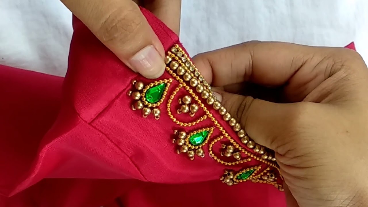 Grand beaded Bridal blouse design|Aari work blouse design with normal needle in stitched blouse