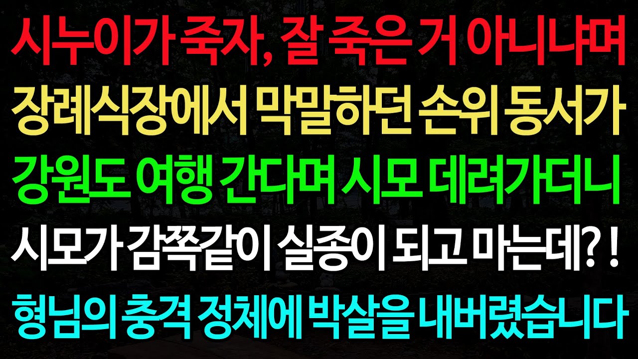실화사연-시누이가 죽자, 잘 죽은 거 아니냐며 장례식장에서 막말하던 손위 동서가 강원도 여행 간다며 시모 데려가더니 시모가 실종이 되고 마는데?!/노후/사연/오디오북/인생이야기
