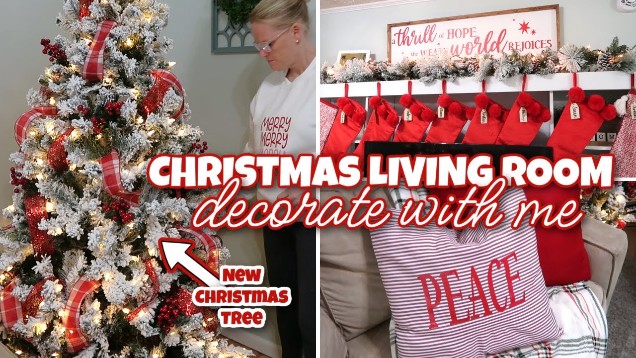 CHRISTMAS LIVING ROOM / DECORATE WITH ME / NEW SINTEAN FLOCKED TREE / RED AND WHITE CHRISTMAS DECOR