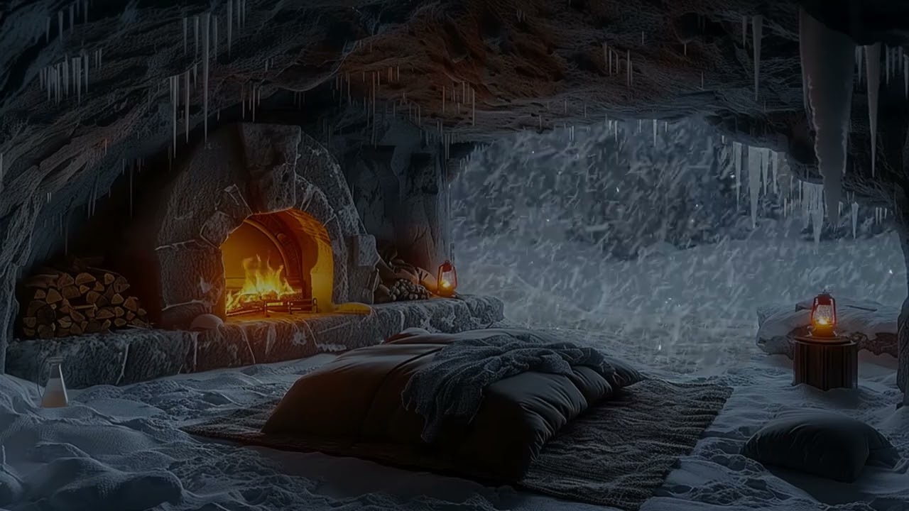 Cozy Cave in a Snowstorm ❄🔥 | Fireplace & Blizzard Ambience for Deep Sleep & Relaxation | ASMR