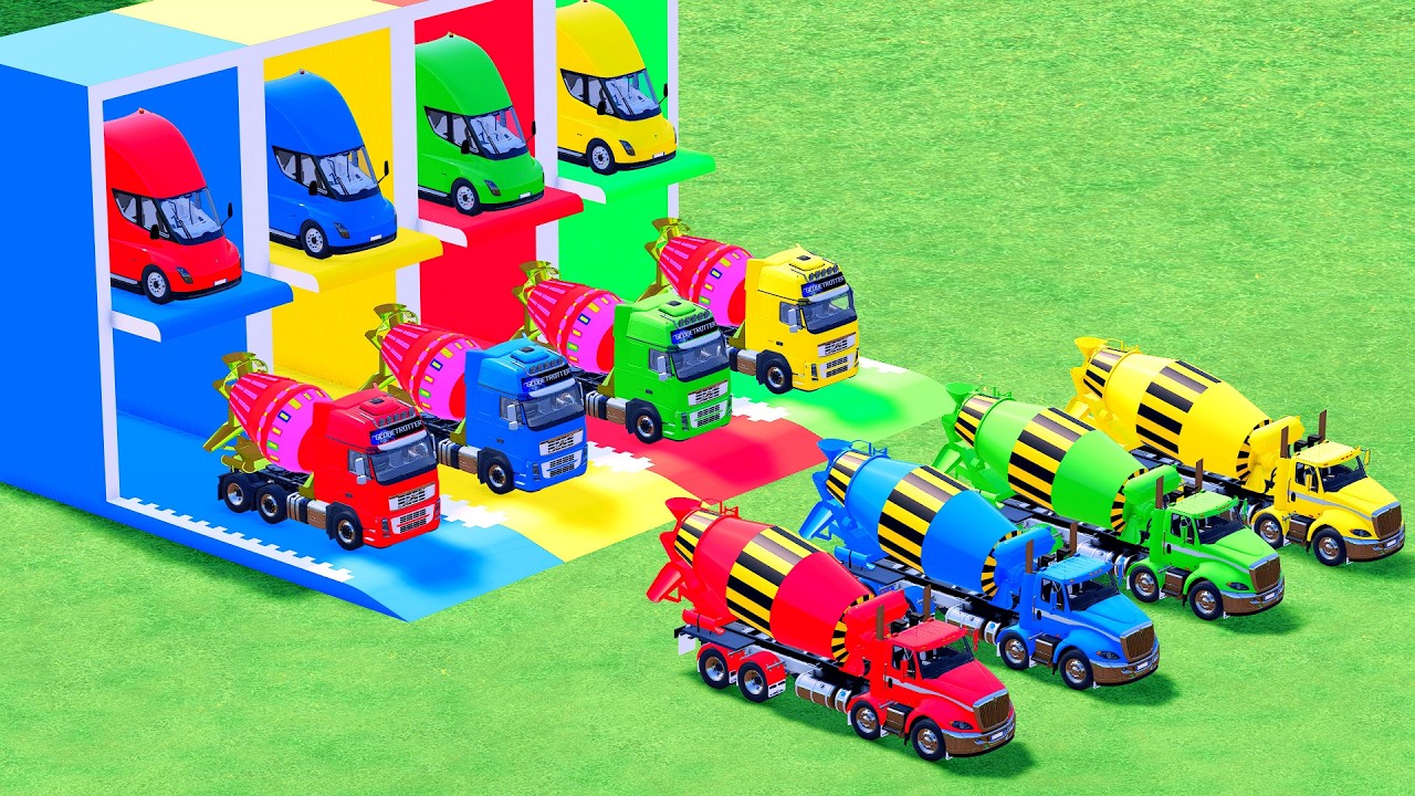 Garage with Colors - ALL MIXER TRUCK WITH DOUBLE FLATBED TRAILER TRUCK, VOLVO, INTERNATIONAL, TATRA