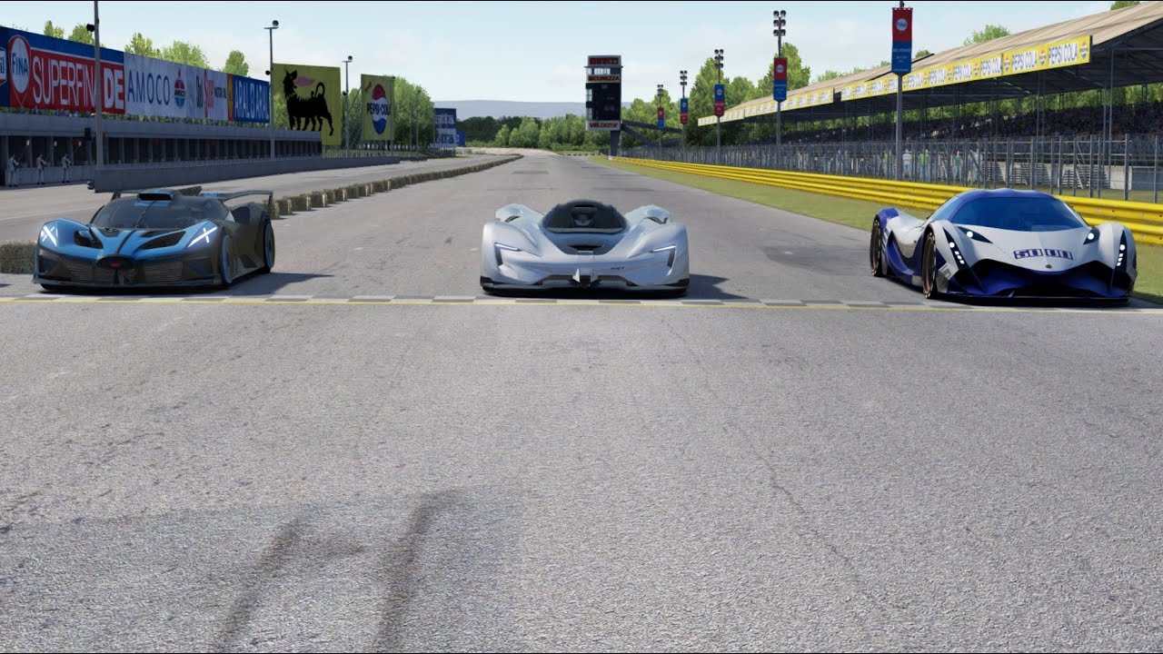 Dodge SRT Tomahawk vs Bugatti Bolide vs Devel Sixteen at Monza Full Course