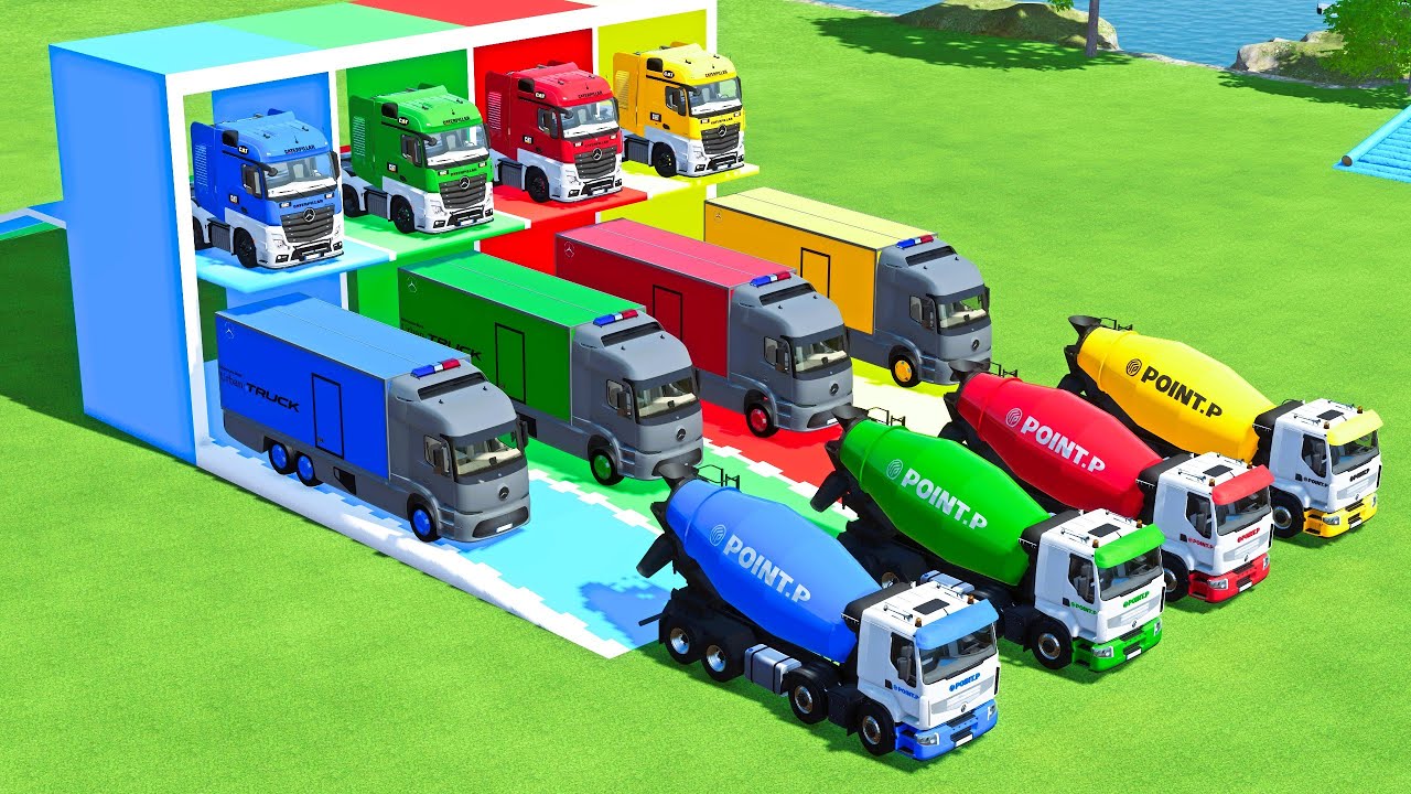 GARAGE OF COLORS - ALL MIXER TRUCK WITH DOUBLE FLATBED TRAILER TRUCK, MERCEDES, IVECO - FS22