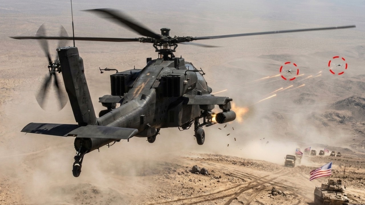 Precision Strike: U.S. AH-64 Apache Helicopter Shoots Down Drone with 30mm Cannon