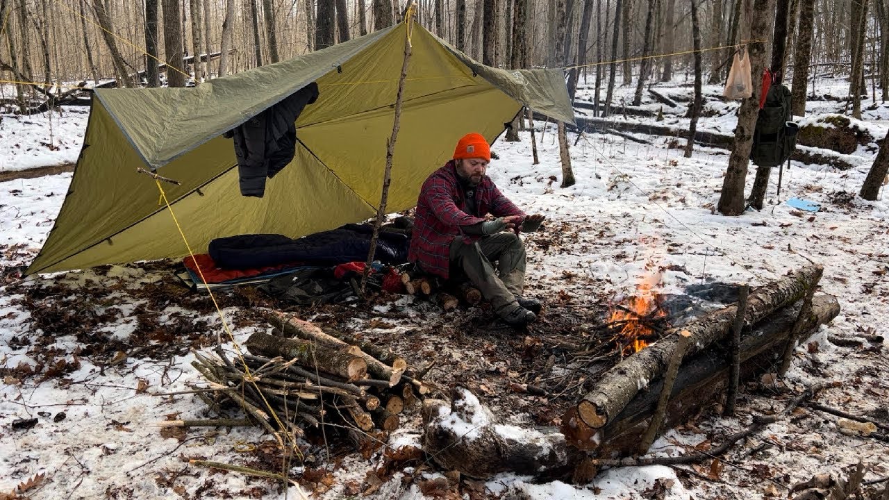 SOLO OVERNIGHT | Below FREEZING | Bushcraft Camp | Tarp Camping