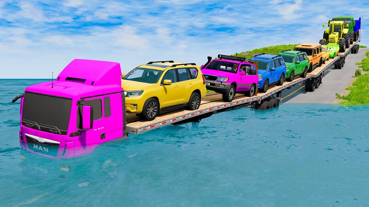 Triple Flatbed Trailer McQueen Transportation with Truck - Speedbumps vs Cars vs Train - BeamNG #4